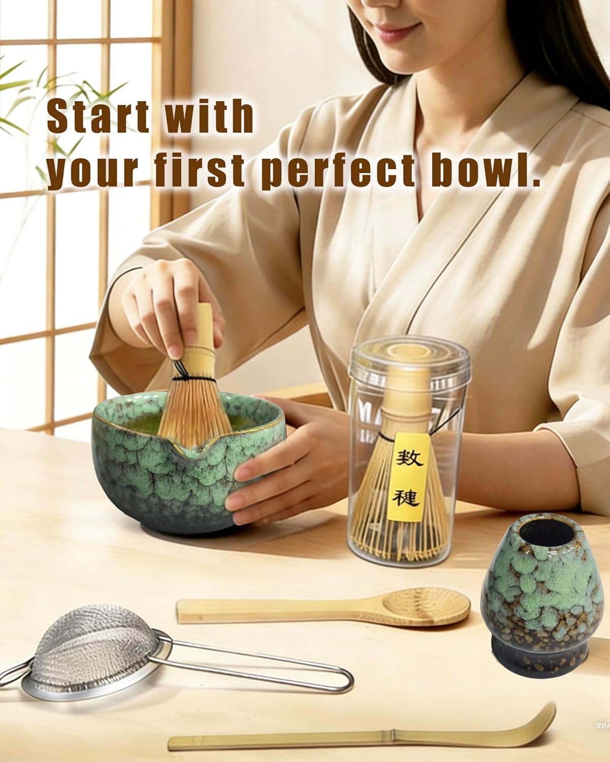 Matcha Set Kit–Matcha Starter Kit with Bowl and Whisk,Complete Matcha Tea Set with Bamboo Whisk,Scoop,Spoon,Sifter & Holder,Includes Step-by-Step Guide,Matcha Making Kit for Beginners,Green
