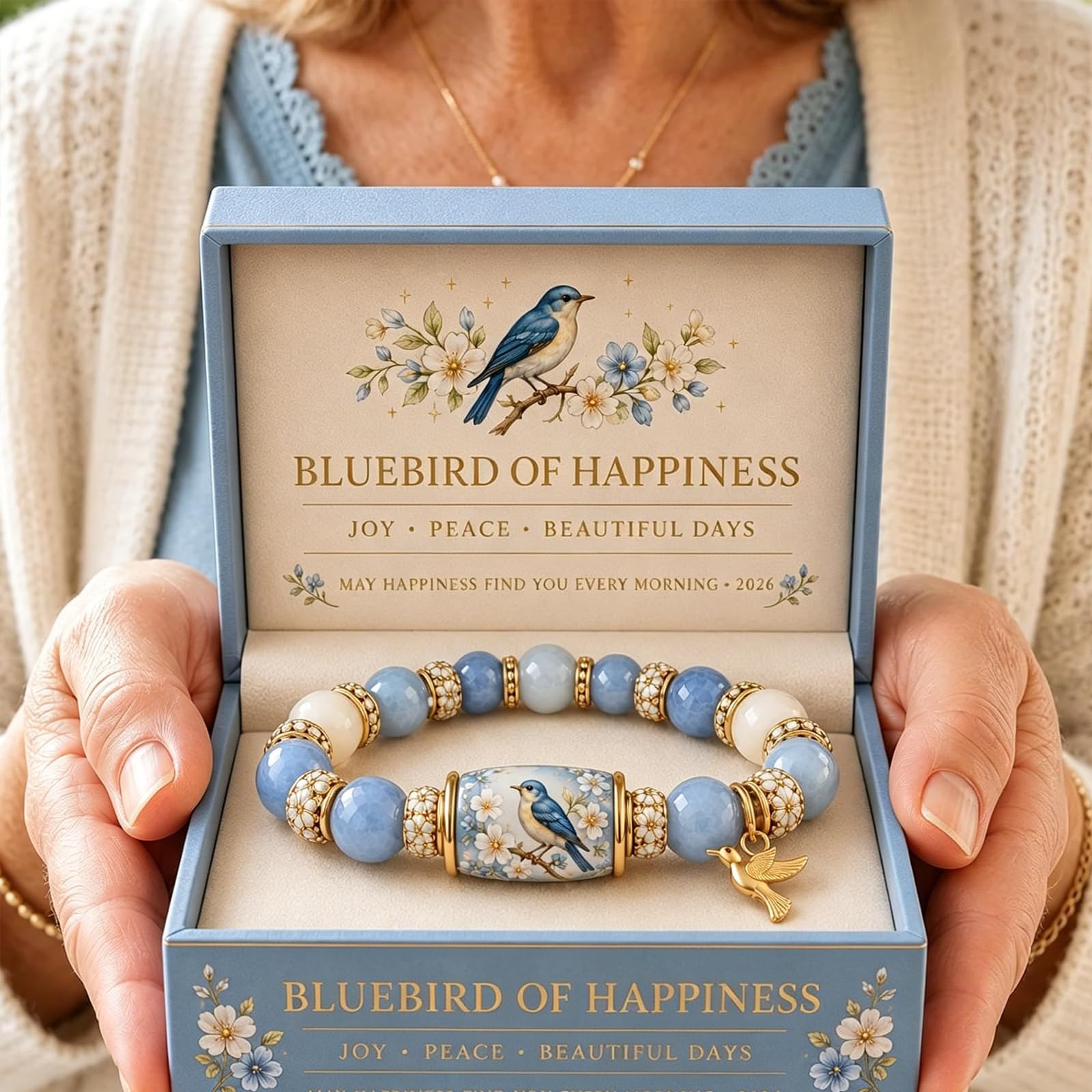 Generico Bracciale Bluebird Blessings con confezione regalo, braccialetto di benedizione della farfalla colibrì, braccialetto ispiratore con ciondolo a forma di uccello per donne e uomini