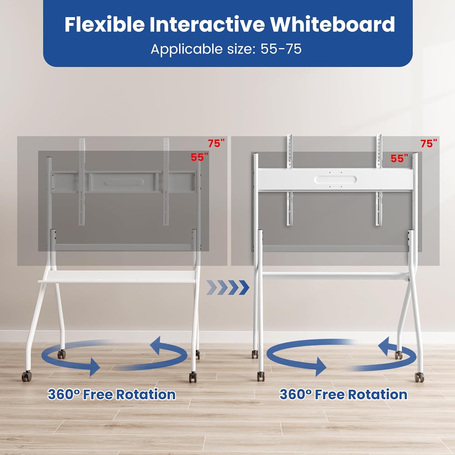 65" 4K 8+128 GB Interactive Smart Board for Classroom & 55"-65" Mobile Stand with Four Lockable Wheels for Home Office School Classroom (White)