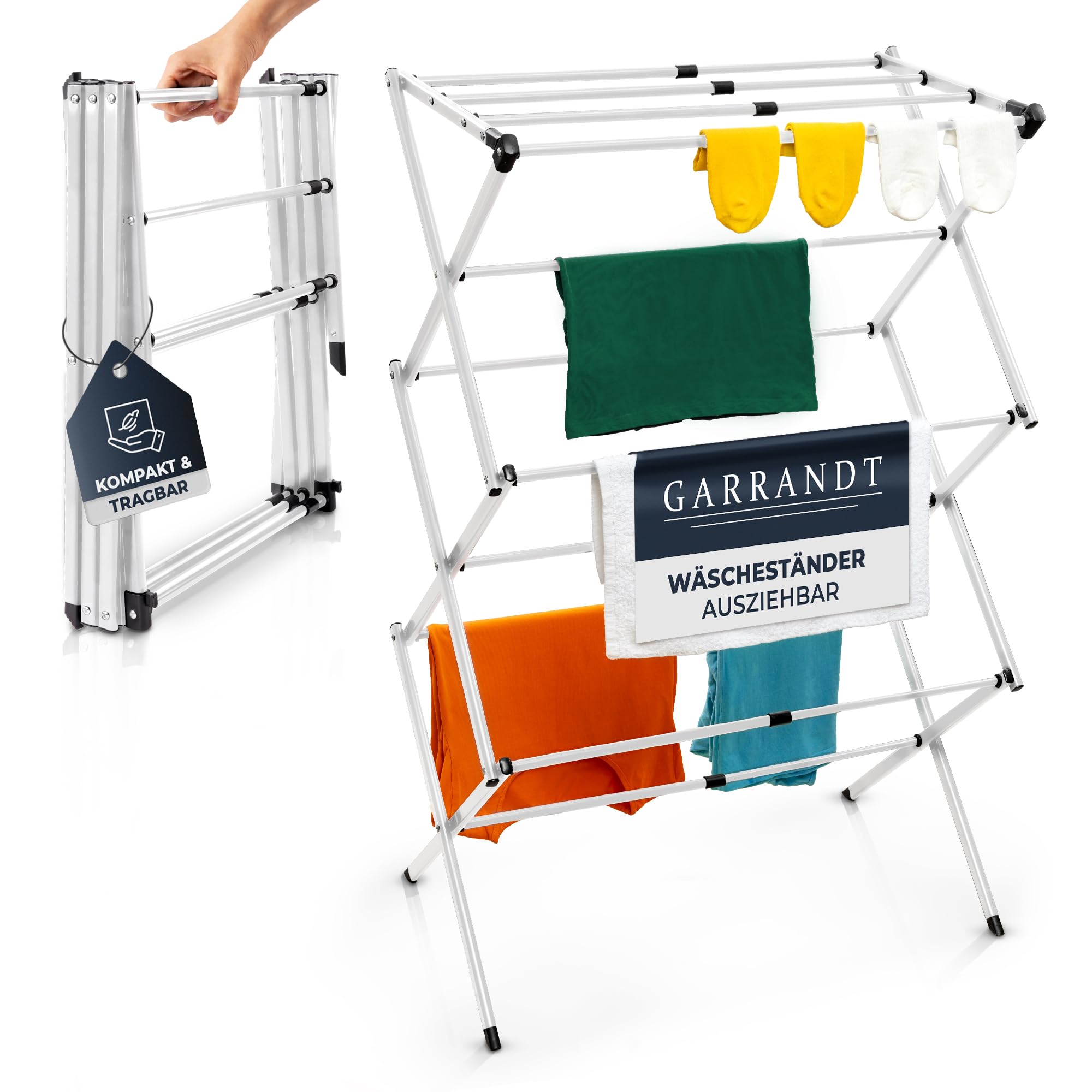 Séchoir à Linge Pliable, Robuste, Peu encombrant, 6 Niveaux avec 11 Barres, Pliable et Extensible, Petit, Balcon en Noir (Blanc)