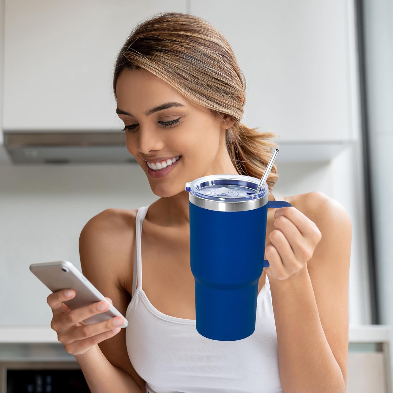 20 oz Tumbler with Handle, insulated cup coffee mug with lid, straw and handle, Double Wall Stainless Steel Vacuum Coffee Tumbler travel mug spill proof, 1pcs Blue - Image 6