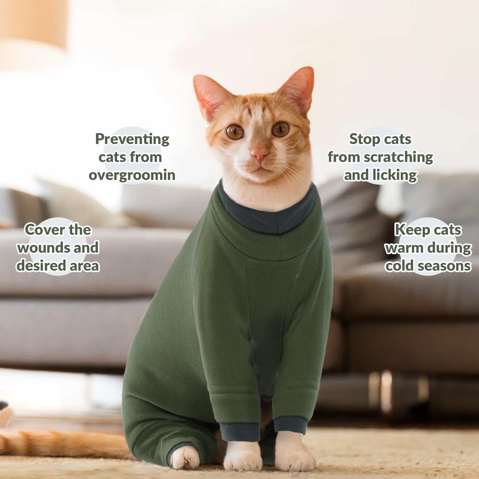 Chaleco Polar para Gatos, Chaqueta de Invierno Abrigo Otoño Invierno Caliente Pullover Suave Fleece Onesie Felpa para Gatos Body Postoperatorio(Verde Militar, M) — view 5