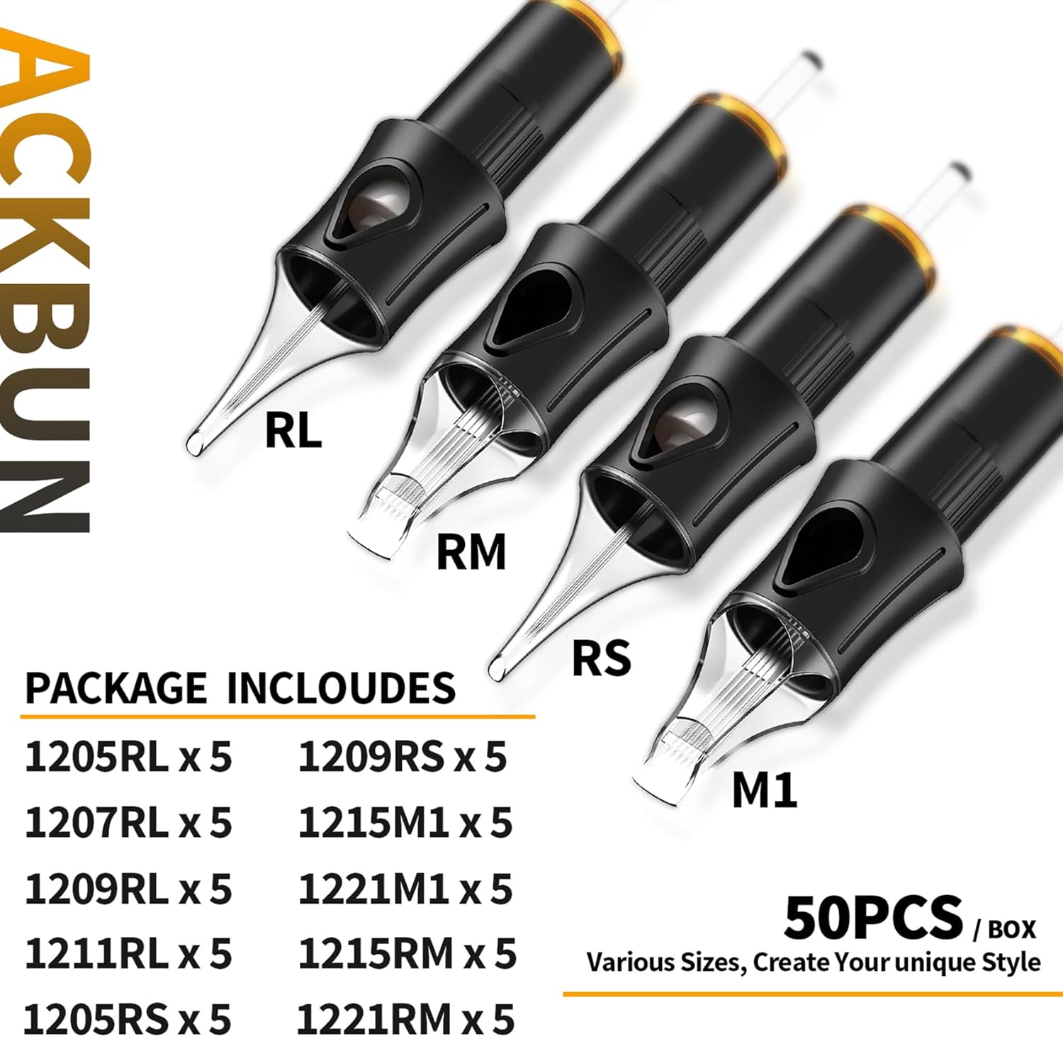 50 Assorted Tattoo Cartridge Needles Mixed Size #12 Standard Round Liner Shader Magnum - 5Pcs each of 5RL, 7RL, 9RL, 11RL, 5RS, 9RS, 15M1, 21M1, 15RM, 21RM Pro Disposable Tattoo Needles - Image 2