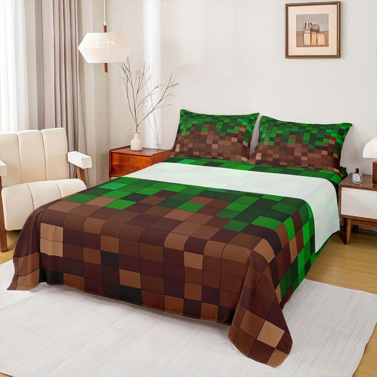 Manfei Pixelated Bed Sheets Queen Size,Patchwork Grid Video Games Bedding Set, Miners Lattice Simple Boys Girls Room Decor,Dark Green Brown Sheet(Fitted+Flat+2 Pillowcases)