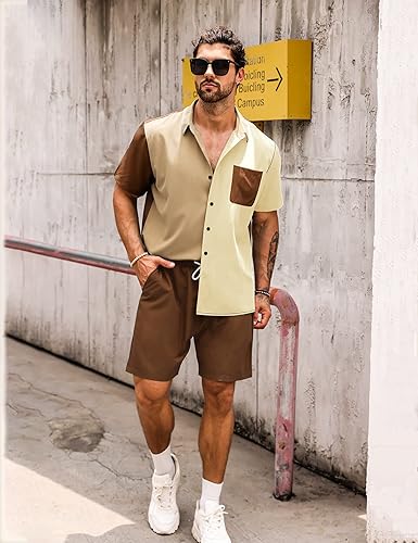 Miniatura 4 de LecGee Conjunto de 2 piezas de camisa y pantalones cortos de manga corta con botones para hombre