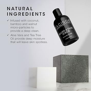 Pacinos Shave System, Beard and Face Scrub, Men's Skin Care, Best Organic Natural Shampoo, Aloe Vera and Tea Tree Extract, Removes Impurities, 4 oz