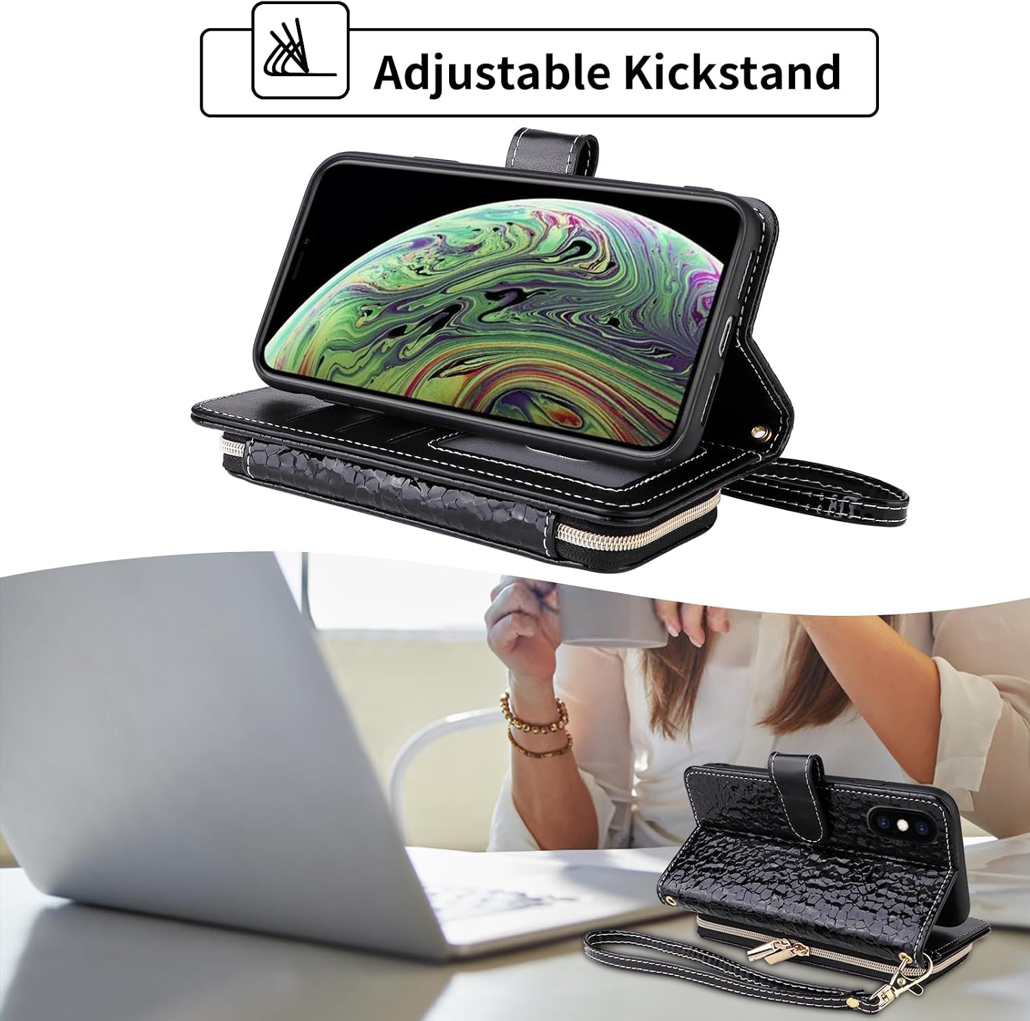 Argyle Wallet Case for iPhone Xs X 10 10s with Crossbody/Wrist Strap Luxury PU Leather Zipper Purse Shockproof Cell Phone Cover for iPhoneX iPhoneXs iPhone10 i PhoneX SX 10x 10xs X抯 Black image 3