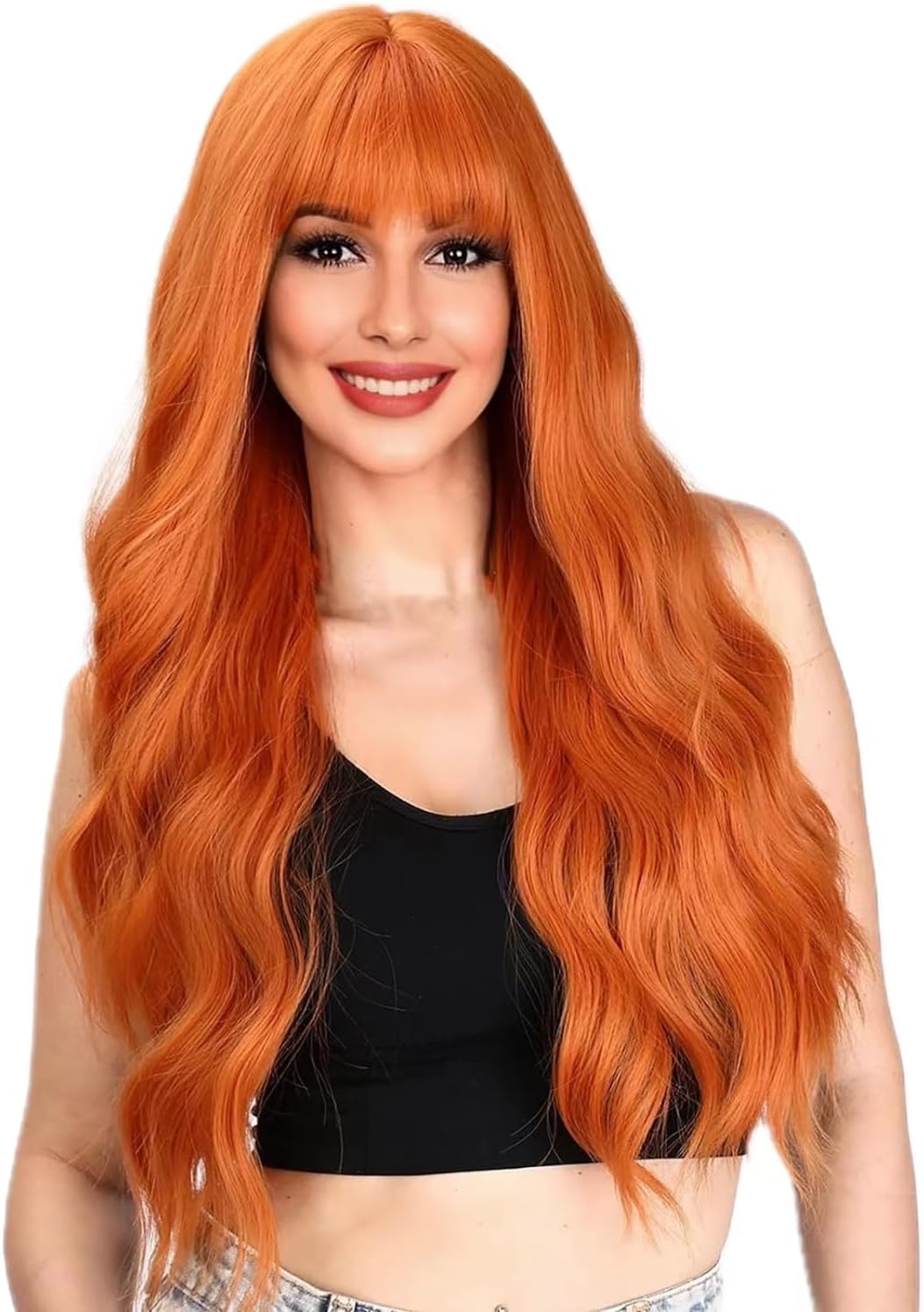 QUEENTAS Long Wigs for Women Natural Hair Ginger Orange Curly Wavy Wig with Bangs Synthetic Hair Wig