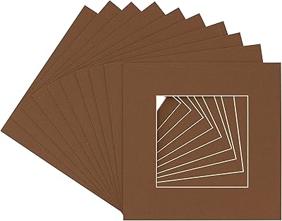 5x5 Mat for 7x7 Frame - Precut Aged Oak Brown Square Shaped Photo Mat Board Opening - Acid Free Matte Bevel Cut for Family Photos, Pack of 10 Matboards Show Kit with Acid Free Backings & Clear Bags