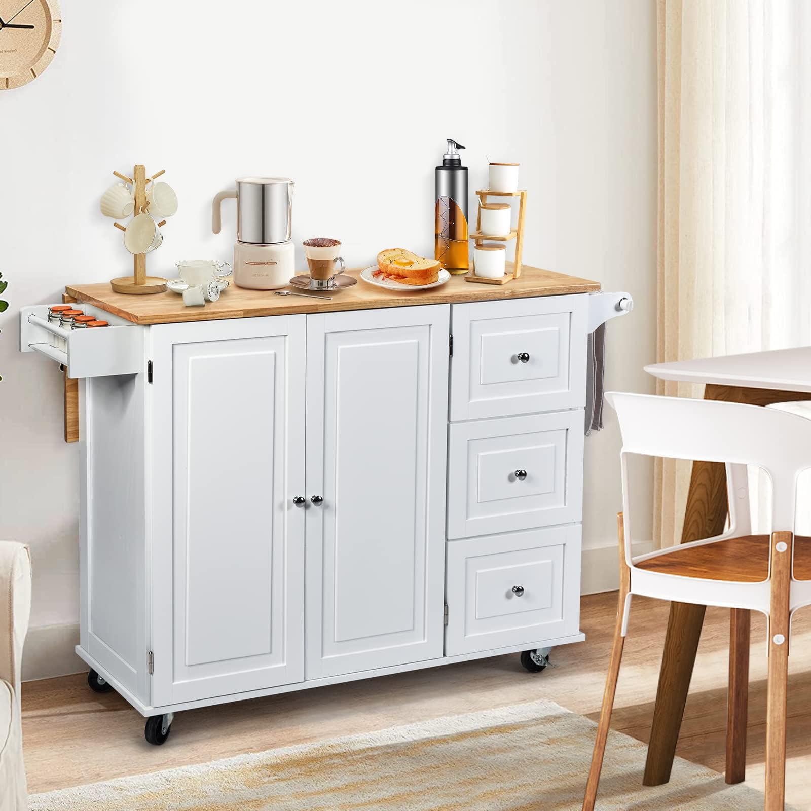 RELAX4LIFE Isola Cucina con Ruote Scorrevoli con Freni a Pedali, in Legno Verniciato con Armadietto e Cassetti Capienti,136 x 76 x 91 cm (BIANCO)