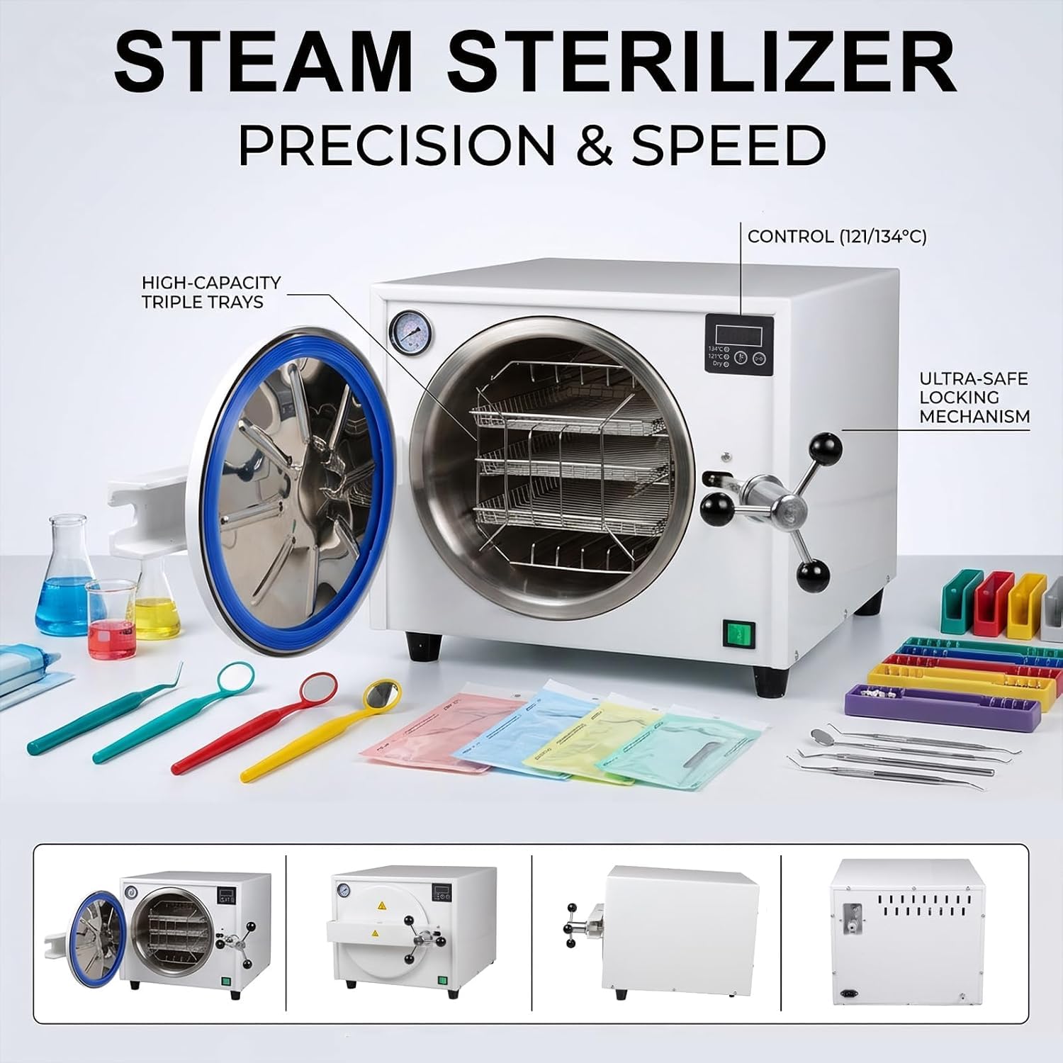 Sterilizzatore Autoclavetta a Vapore 18L con 3 Vassoi,Camera Acciaio Inox 304 per Studio Dentistico, Tattoo e Laboratorio -Macchina Sterilizzatrice Professionale ad Alta Pressione per Strumenti Medici