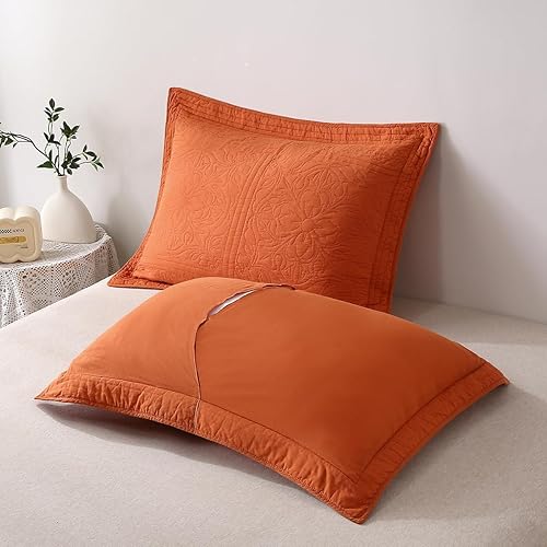 Miniatura 4 de WINLIFE - Funda de almohada acolchada 100 % de algodón con estampado floral (Estándar, Naranja Quemado)