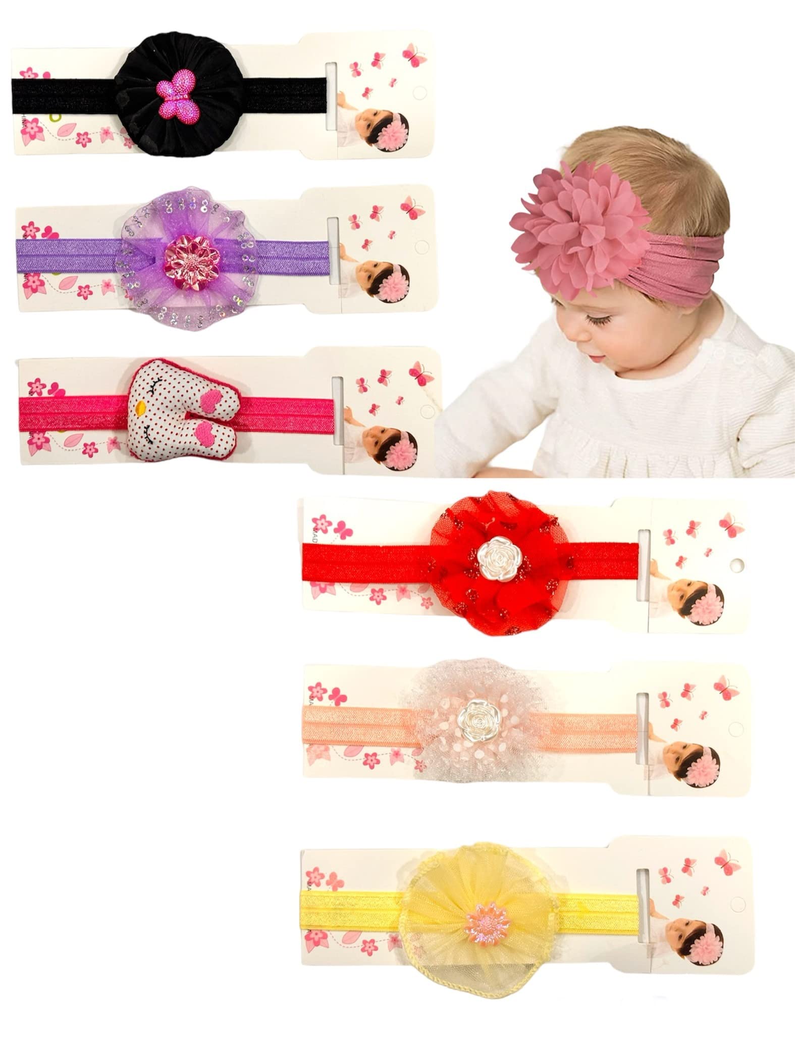 Glamifirsto 6 Baby Girl Headbands and Bows, Nylon Headbands, Shower Gift, Hair Accessories for Newborn Infant Toddler, Multi