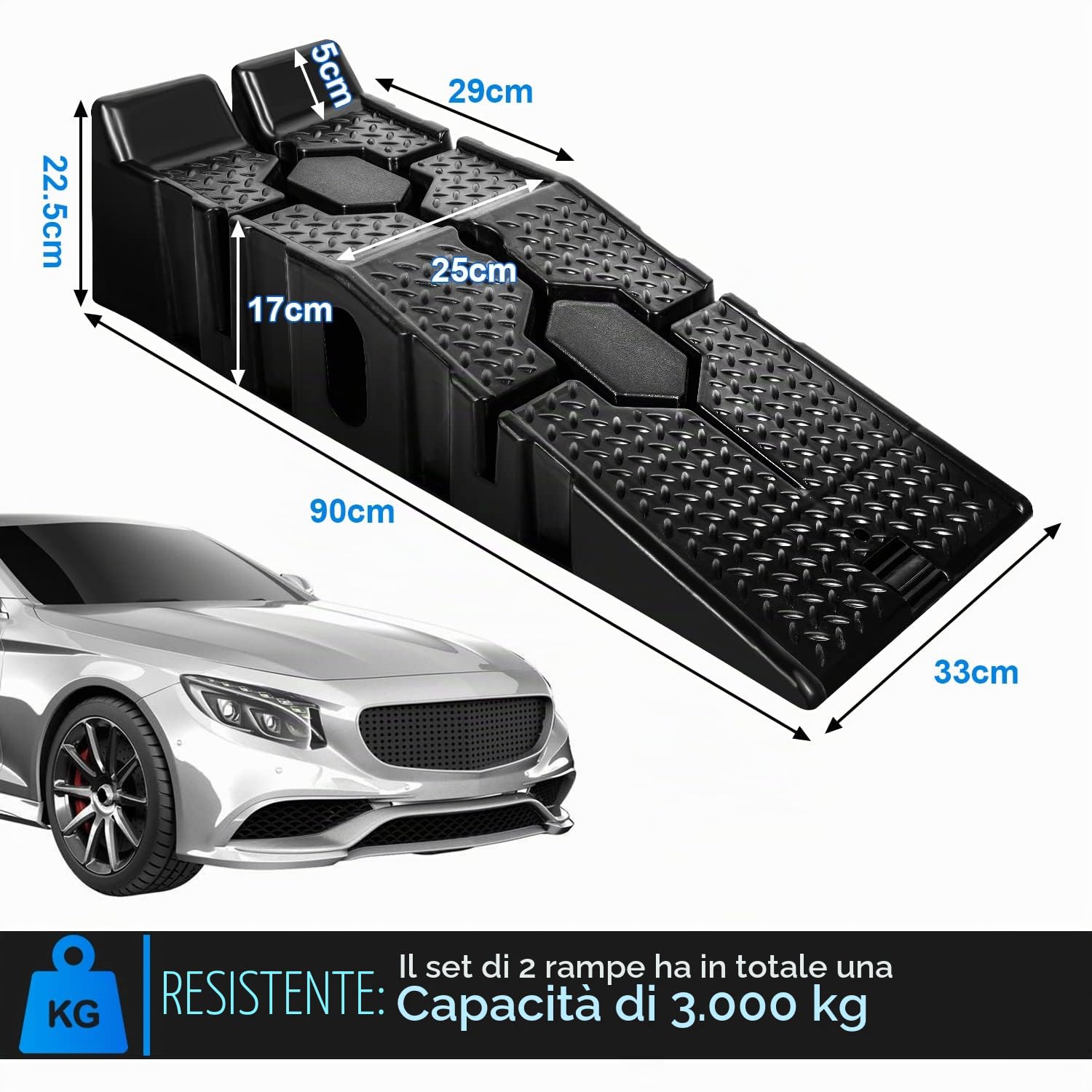Herrselsam Set di 4 rampe di sollevamento per auto, in plastica, portata fino a 3 tonnellate, antiscivolo, con protezione anti-attraversamento per auto e veicoli