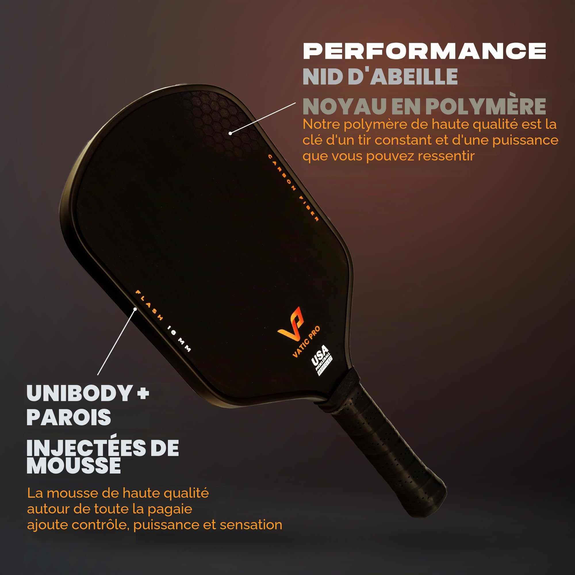 Vatic Pro Fibre de Carbone 16 mm – Thermoformée avec parois injectées de Mousse – Comprend Une Housse de pagaie