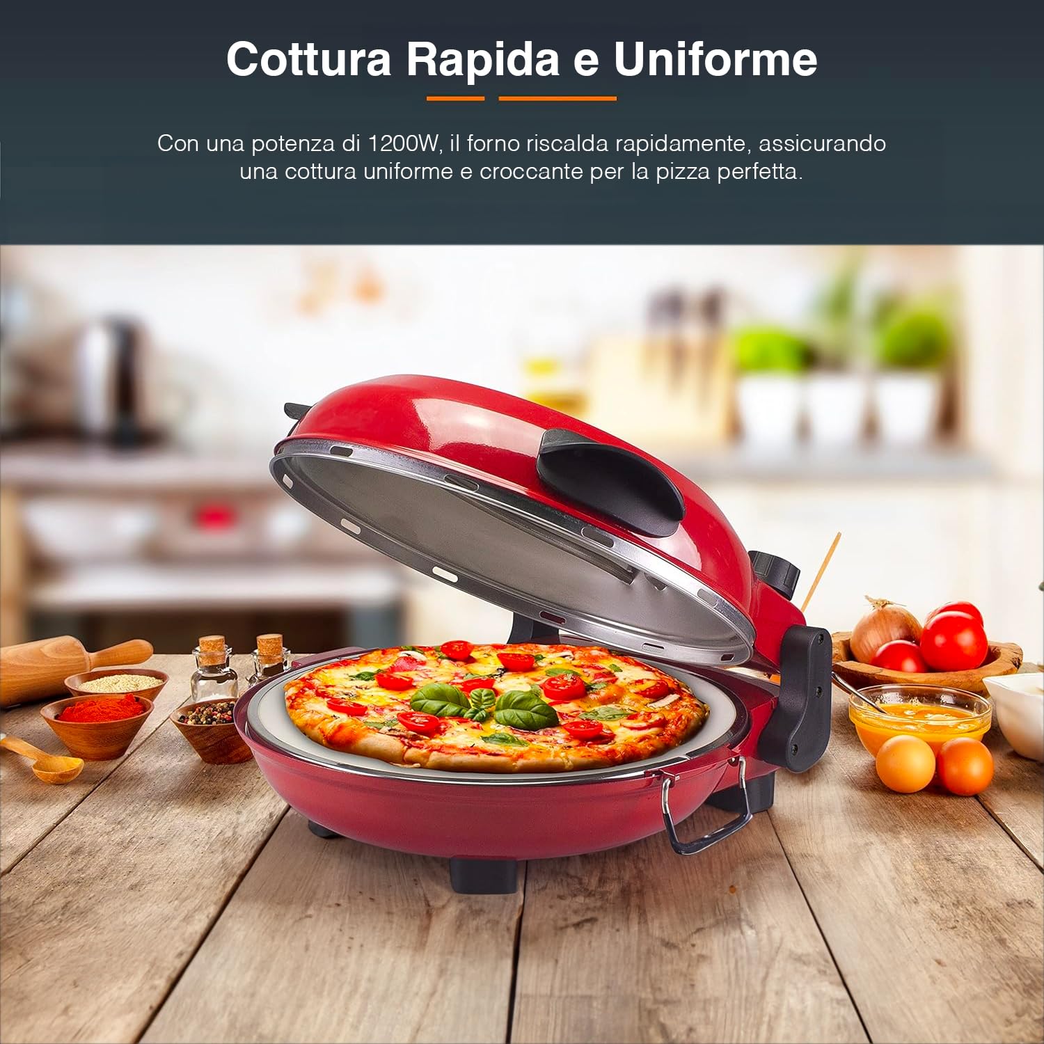 Forno per Pizza Elettrico Portatile con Timer Regolabile - Fornetto Tondo per Pizza Manici Termoisolanti e Base Removibile, in Metallo Anti-Riscaldante, 35x43.5x18.5cm, 1200W, Rosso