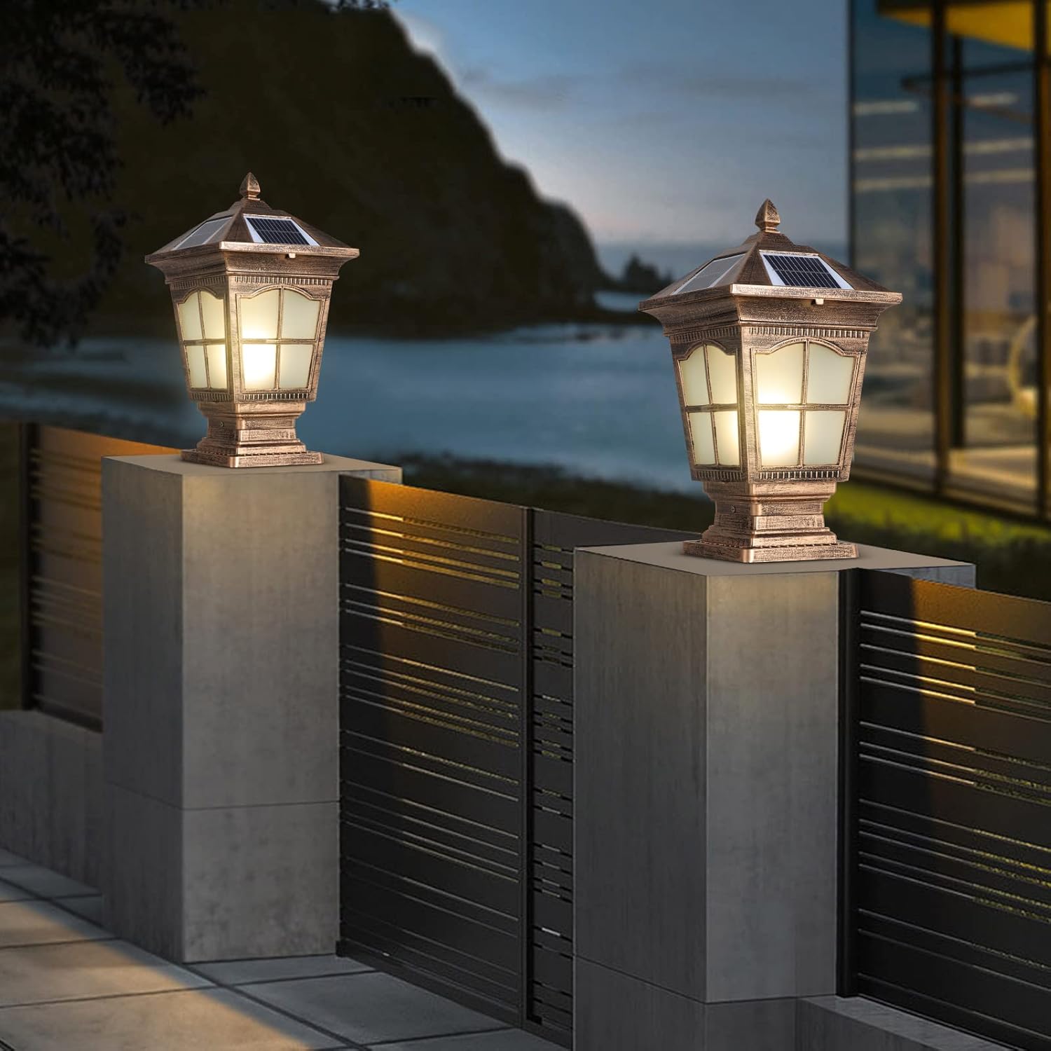 Solar Post Lights IP65 Waterproof Solar Outdoor Column Lights Die-Casting Aluminum Outdoor Post Lights Fixture with Remote Control Tricolor Dimming