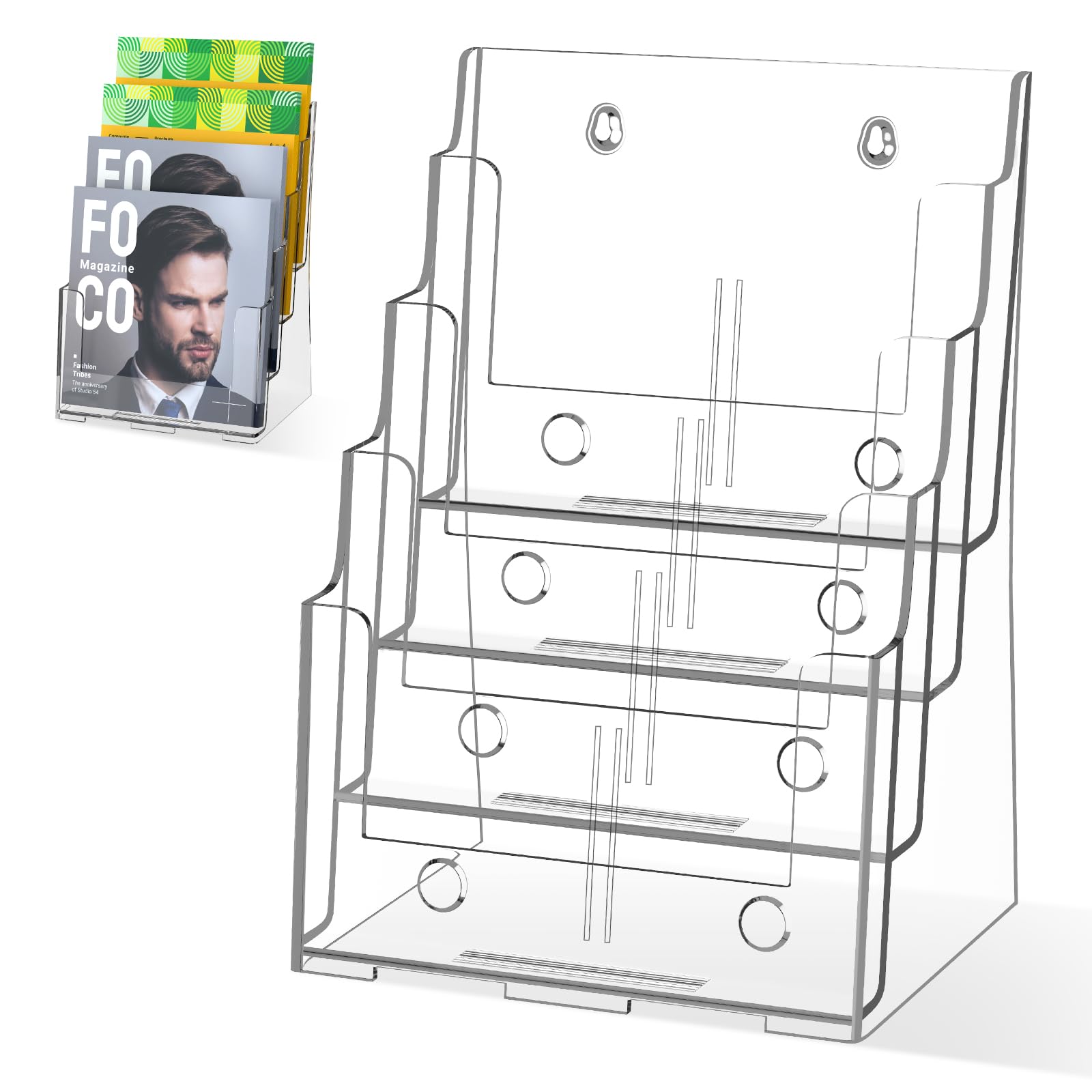 Acrylic Brochure Holder 8.5 x 11 inch, 4 Tier Magazine Stand Clear Literature Organizer Pamphlet Holder with Removable Divider for 4 x 9 inch Brochures for Wall Mount or Desktop