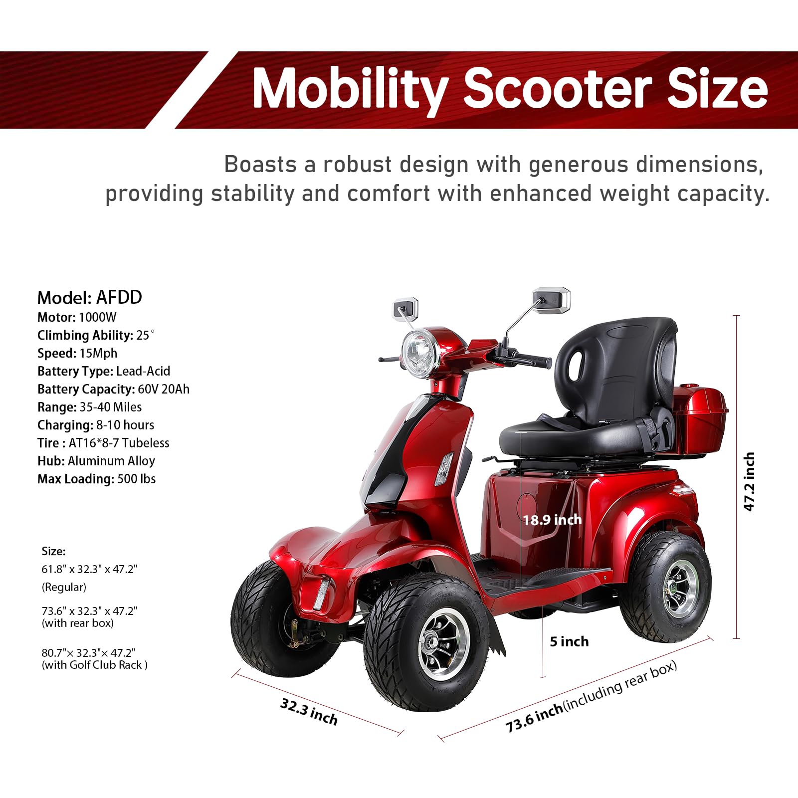 All-Terrain 4-Wheel Mobility Scooter Heavy Duty Electric Scooter Golf Powered Scooter for Adults & Seniors, 1000W Motor, Long Range 31 Miles, 3-Speed Mode, with Rear Box & Golf Bracket (Red)