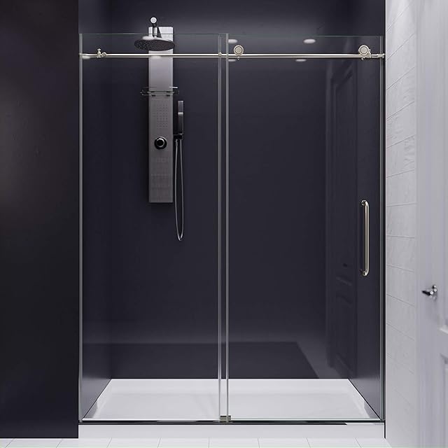 ANZZI 76 x 60 inch Frameless Shower Door, Brushed Nickel, Madam Complete Shower Kit, Water Repellent Sliding Glass Panel + Bottom Seal Strip Parts + Easy Glide Rollers, SD-AZ13-02BN
