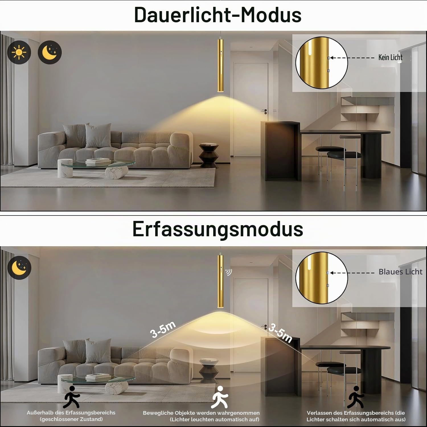 Pendelleuchte Akku mit Bewegungsmelder Dimmbar Hängelampe mit Fernbedienung Touch Steuerung Magnetische Hängeleuchte Hängelampe ohne Innen Nachtlicht für Esstisch Küche Bar Nachttisch (Gold)