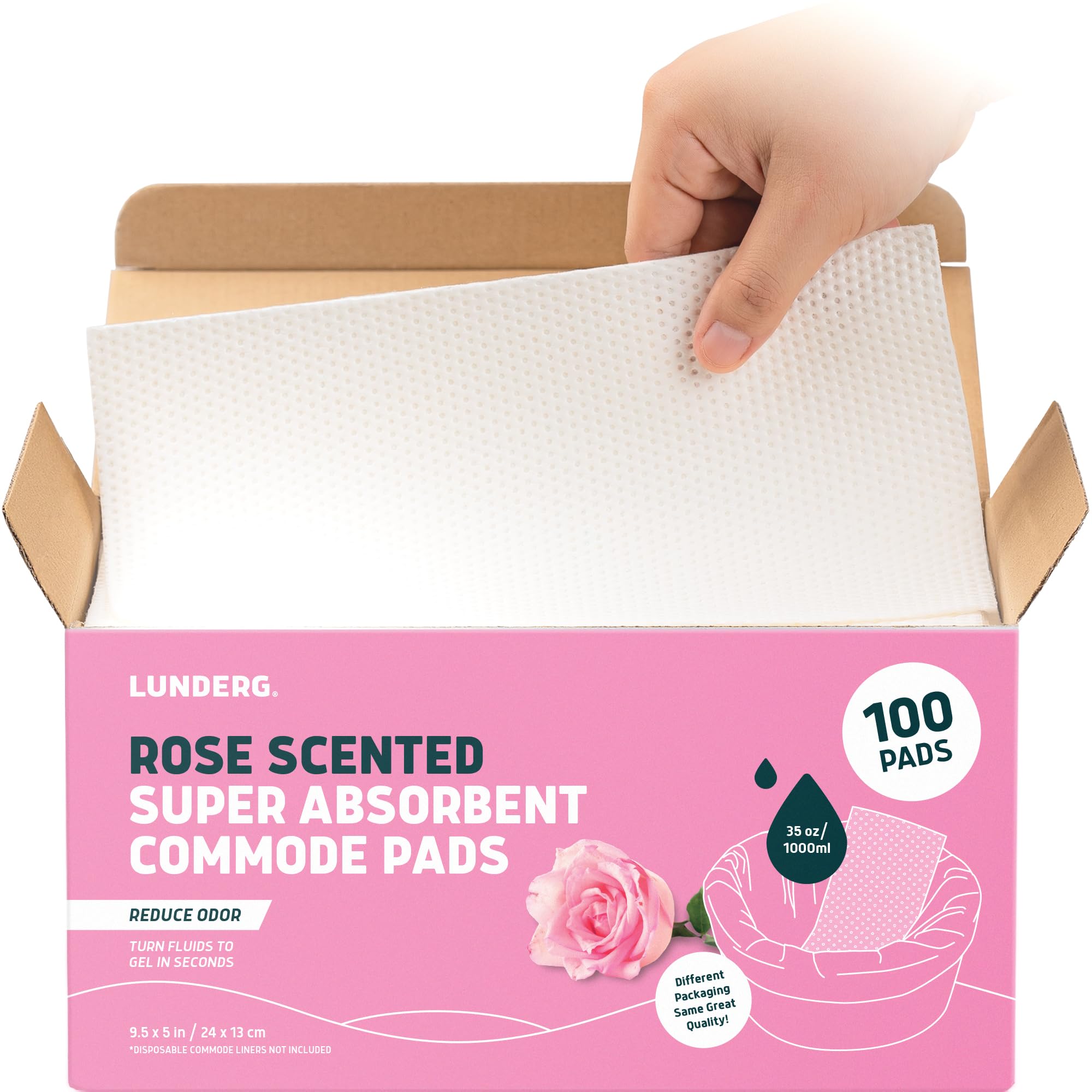 Lunderg Rose Scented Super Absorbent Commode Pads - Medical Grade Value Pack 100 Count - for Disposable Bedside Commode Liners, Adult Chairs, Portable Buckets & Camping Toilet Bags - Light Scent