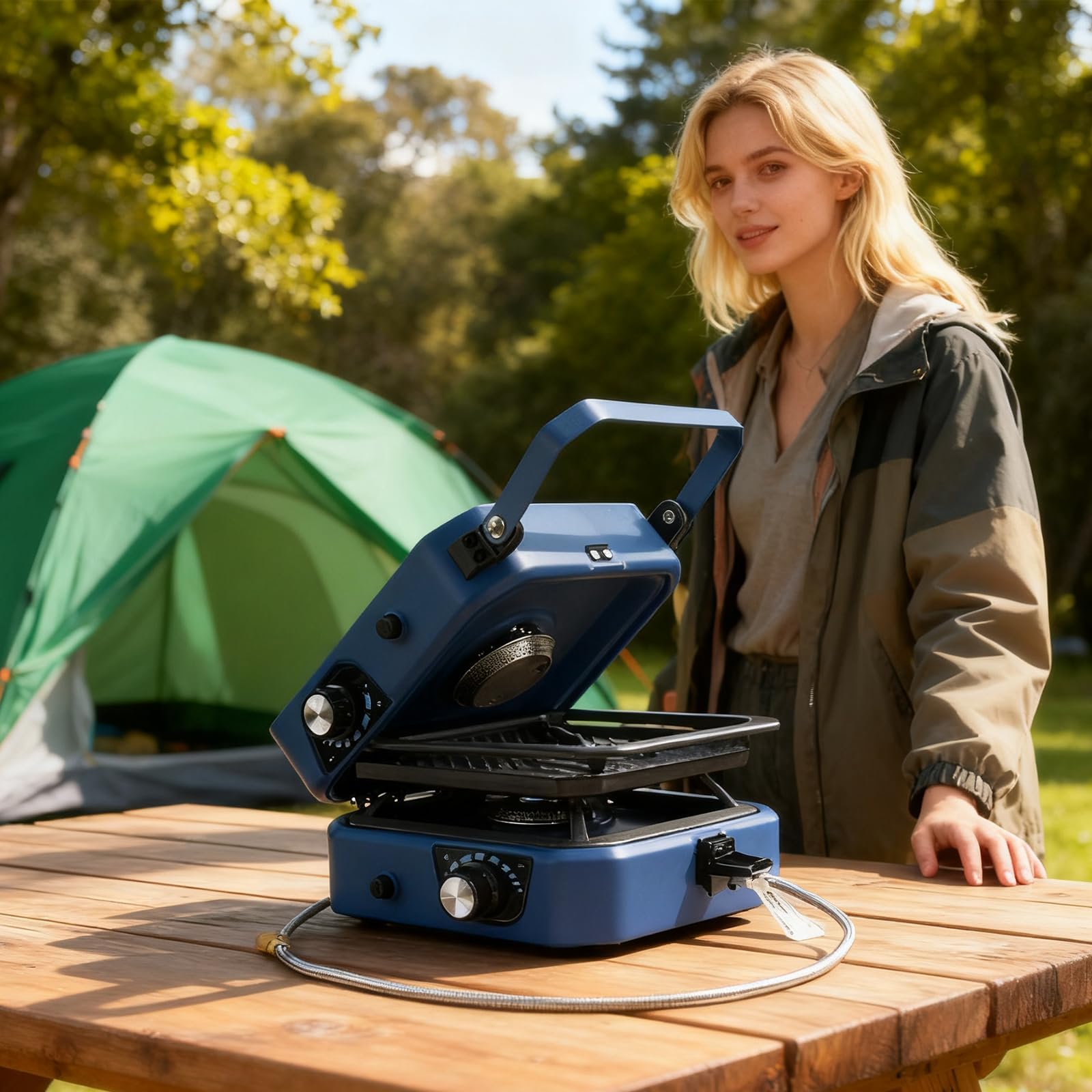Estufa de camping de 2 quemadores con plancha, barbacoa plegable con quemadores ajustables y encendido piezoeléctrico para cocinar al aire libre, senderismo y eventos de jardín