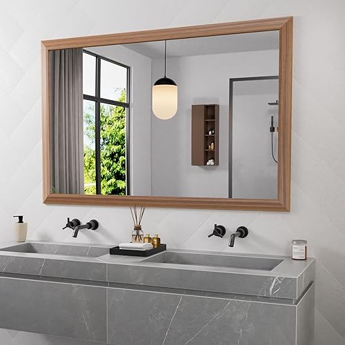Amorho Espejo de baño, espejo de pared de 50 x 30 pulgadas, marco de metal de madera de nogal, antioxidante, colgar horizontalmente o verticalmente, disponible en Yaxa Colombia