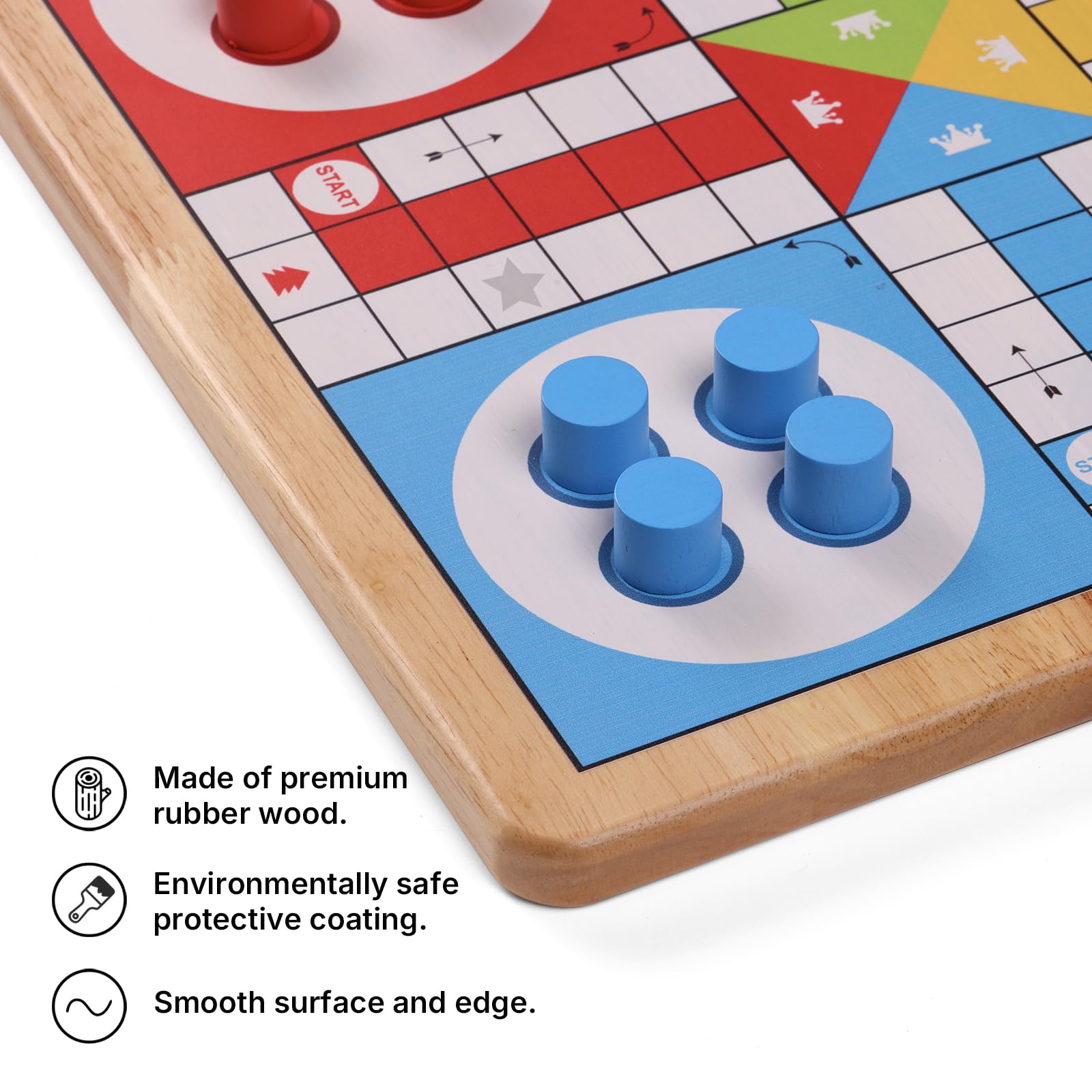 Juego de mesa Ludo+Snakes&Ladders de 30,5 cm, madera de caucho maciza con | Hecho de madera de caucho de calidad, utiliza impresión digital UV para garantizar que los gráficos y los colores sean