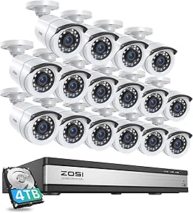 ZOSI H.265+ 16CH Security Camera System with AI Human Vehicle Detection, 16CH DVR with 4TB HDD for 7/24 Record, 16 x 1080p CCTV Camera Outdoor Indoor with 80ft Night Vision, 90°Wide Angle asin的图片