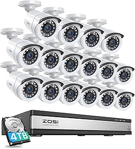 ZOSI H.265+ 16 Channel Security Camera System, DVR with Hard Drive 4TB and 16 x 1080p Surveillance CCTV Camera Outdoor Indoor with 120ft Night Vision,105°Wide Angle, Remote Access