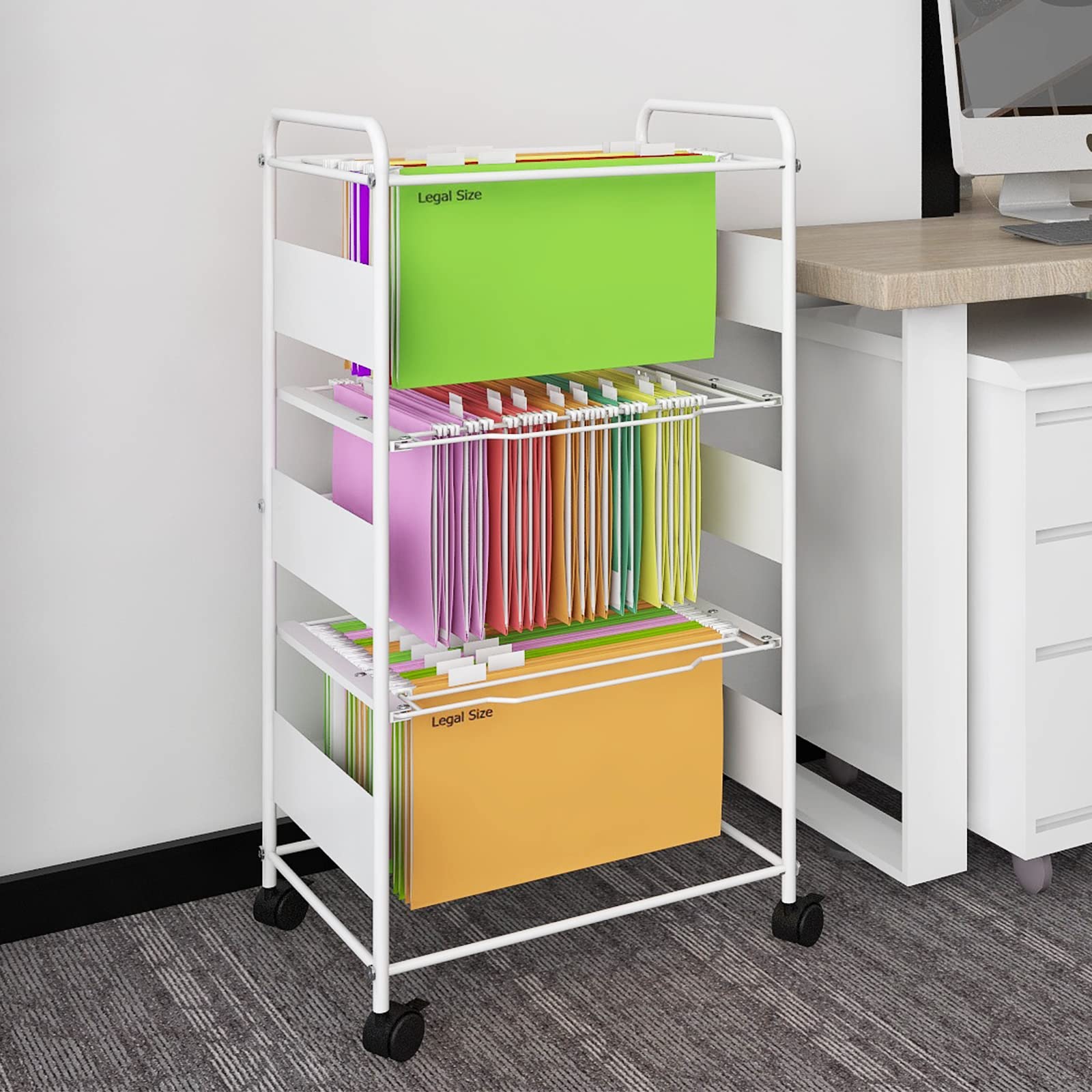 Photo 1 of Natwind 3-Tier Metal Rolling File Cart with Wheels for Letter Size Legal Size Hanging Files Mobile File Folder Rack with Pull-Out Drawer File Organizer Cabinet for Home Office?White? 3 Tiers Modern White