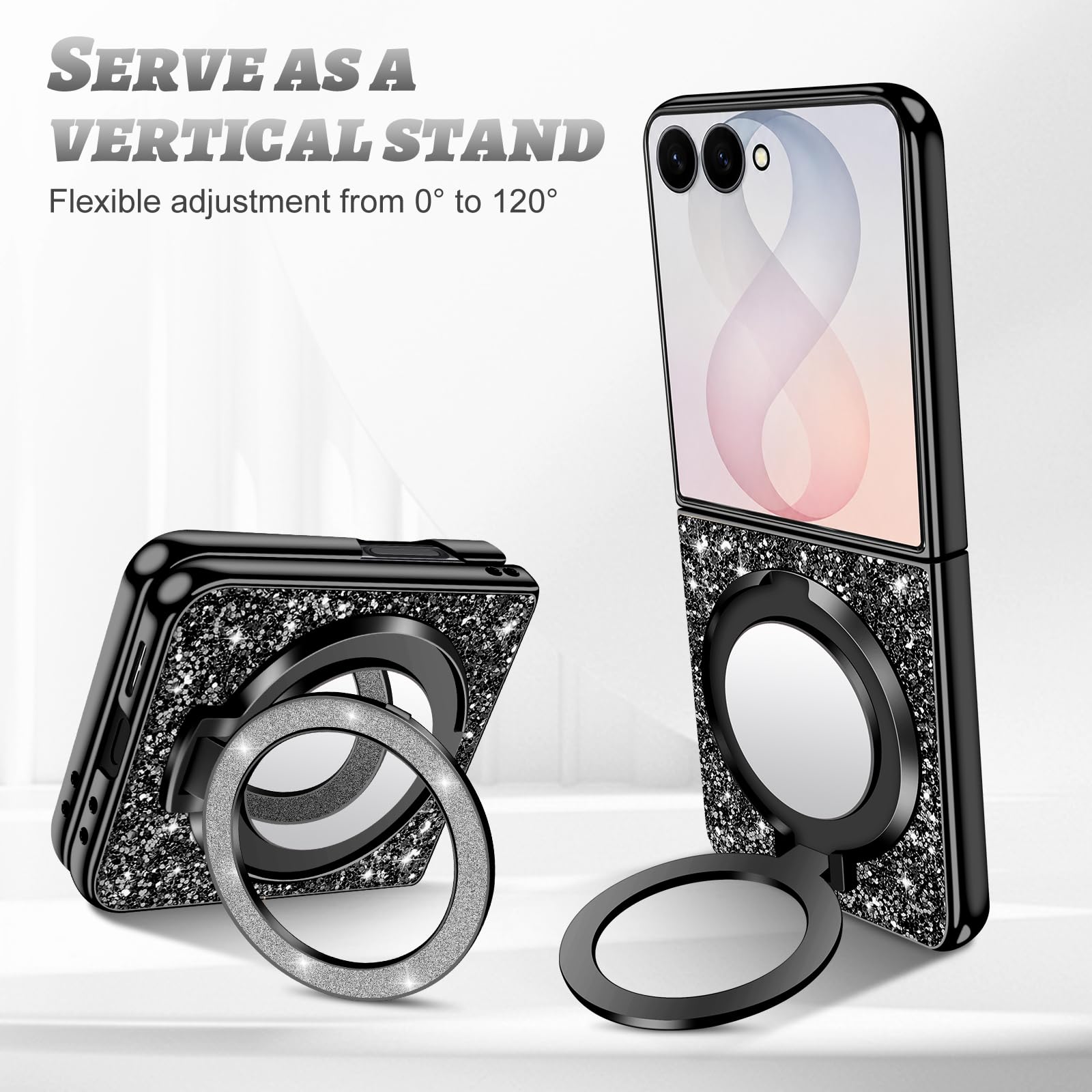 Silikon-Schutzhülle für Samsung Galaxy Z Flip 8 5G, Glitzer, glitzernd, matt, mit Mag-Safe, Make-up-Spiegel, Ständer, stoßfeste Schutzhülle für Samsung Z Flip 8, Schwarz