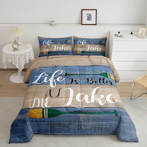 Lake Life - Juego de ropa de cama tamaño Queen, decoración de habitación con temática de lago, juego de edredón para niños, juego de edredón de remo