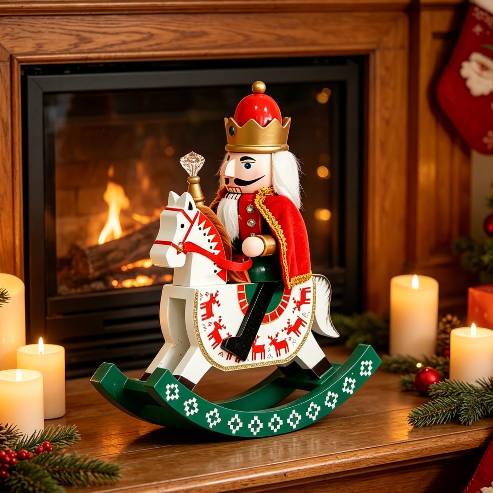 Amosfun Weihnachtliche Holz Nussknacker Figur mit Schaukelpferd Design und Stoffumhang Sanft Schwingend für Vielseitige Dekoration im Festlichen Zuhause