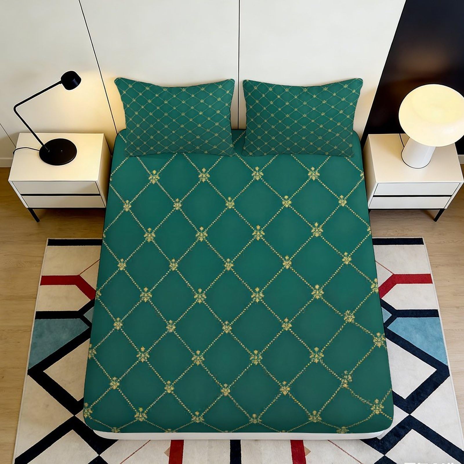 3D Printed Geometric Diamond Fitted Sheet Microfiber Soft Green Lattice Bed Sheet Anti-Slip for Bedroom Guestroom Decor 90x200x25cm