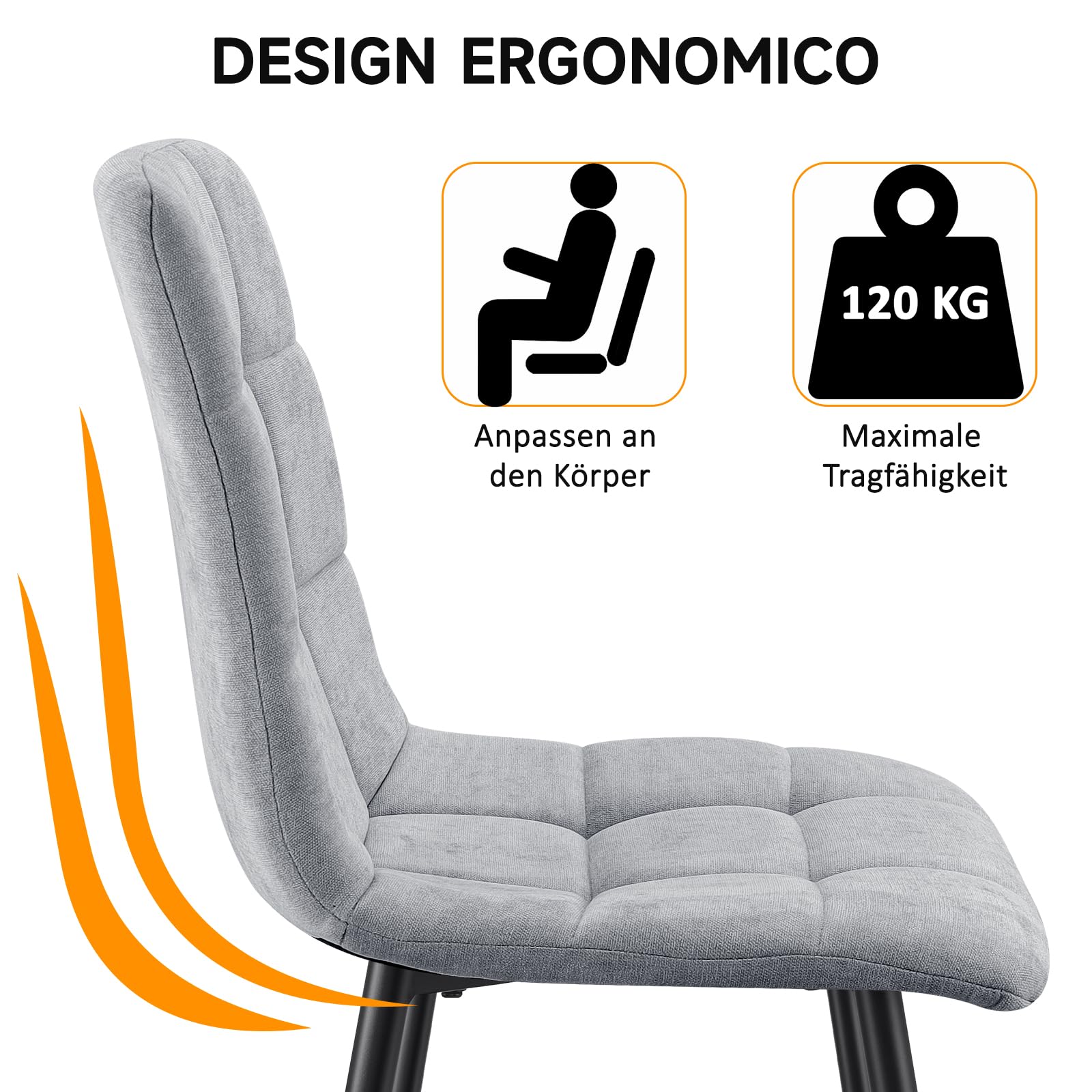 Set Di 4 Sedie Da Pranzo,Sedia Da Cucina Con Piedi In Metallo Nero,Sedie Imbottite Con Tessuto Di Lino,Sedia Da Camera Da Letto Salotto Soggiorno,Gray