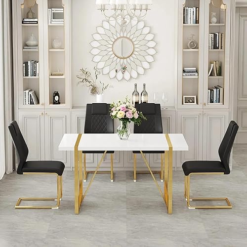 Miniatura 25 de Moderno juego de mesa de comedor para 4, juego de mesa de comedor dorado de 55 pulgadas con 4 sillas de piel sintética negra, mesa de madera negra