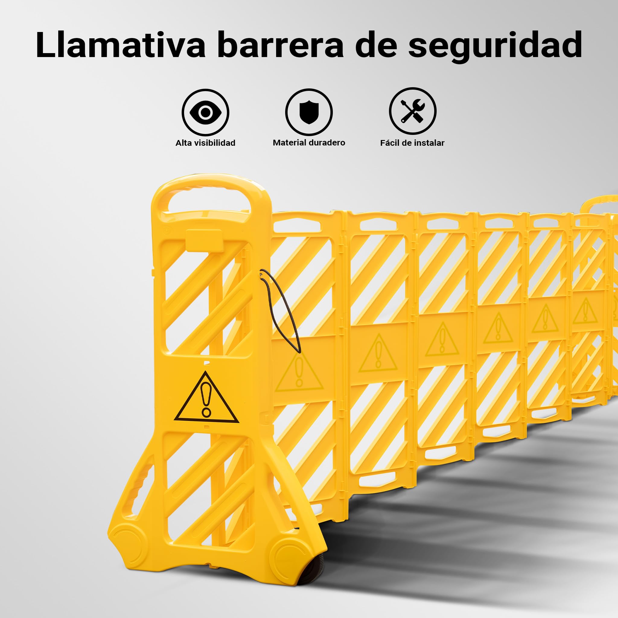 Wiltec Barricada de seguridad plegable extensible hasta 3,9 m, plástico PE resistente, rodillos integrados para fácil transporte, alta visibilidad, perfecta para obras y control de tráfico peatonal