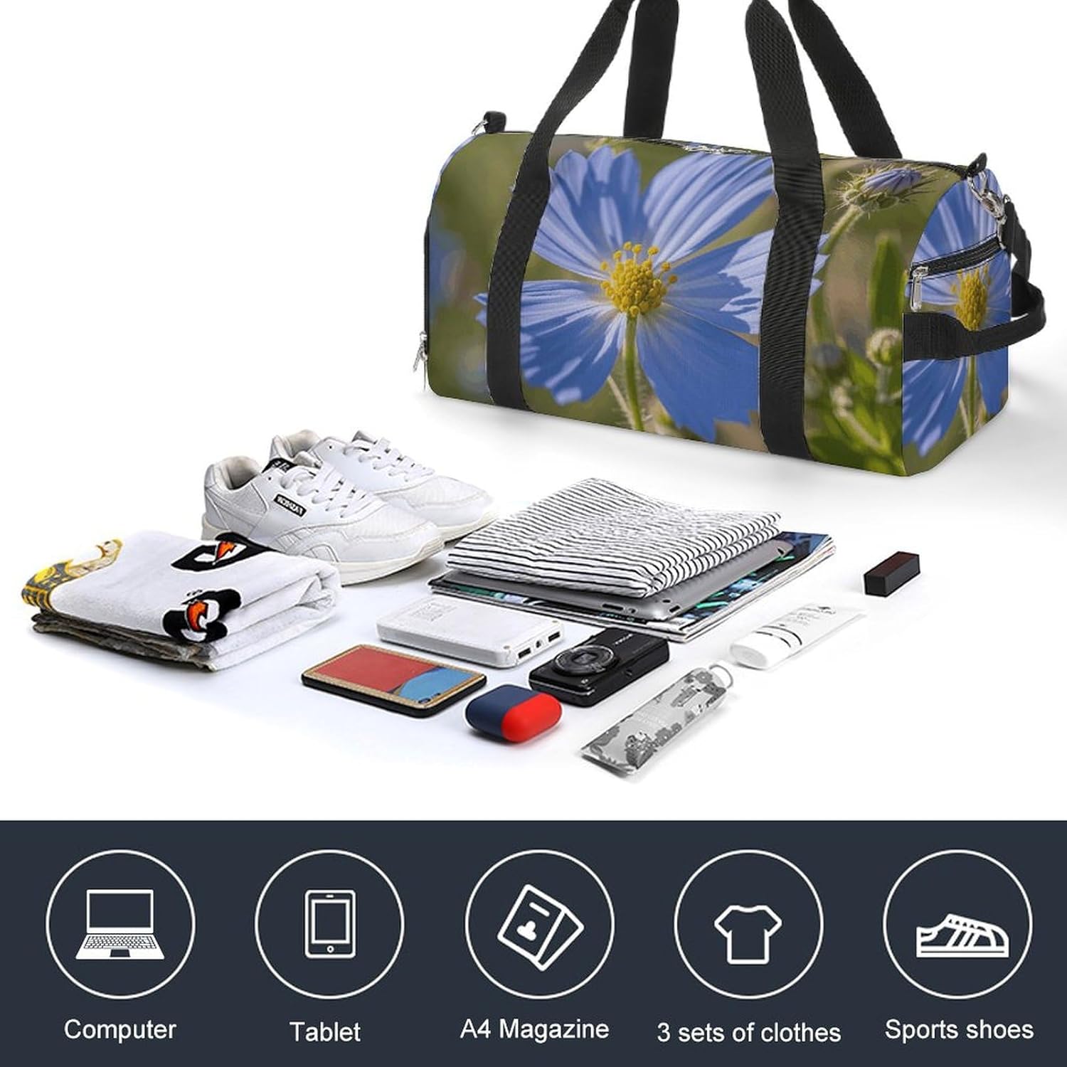 Gym Bag for Men Travel Duffle Bag And Blue Flower Leaves Tote Bag Weekender Duffel Bag Weekender Bag for Sports