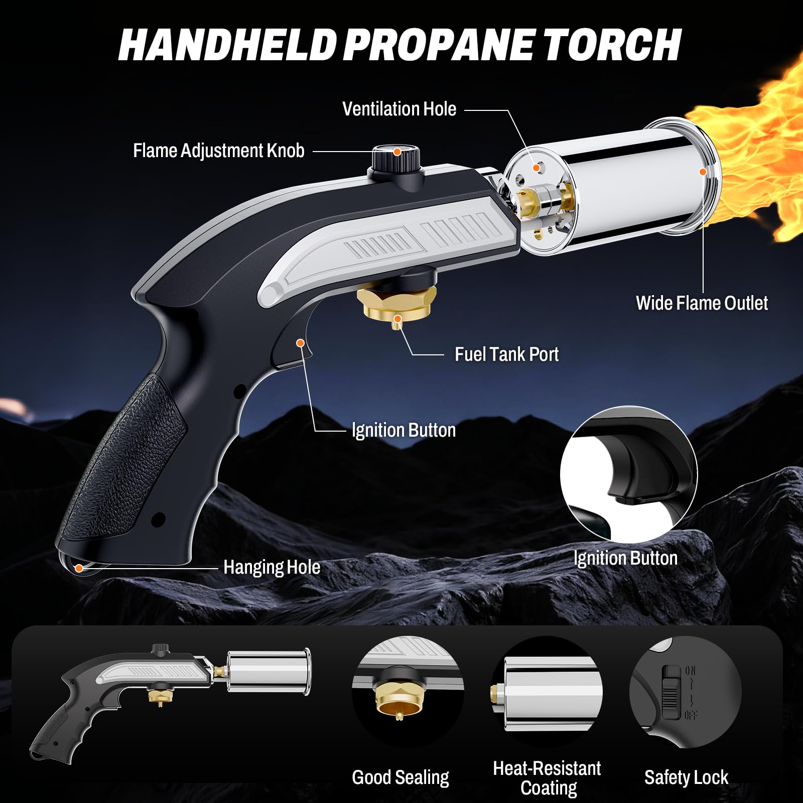 Chalumeau à propane, chalumeau de cuisine, briquet, verrouillage de sécurité et flamme réglable, tête de chalumeau de cuisine pour gril, sous vide, barbecue (réservoir non inclus) (noir et argent)