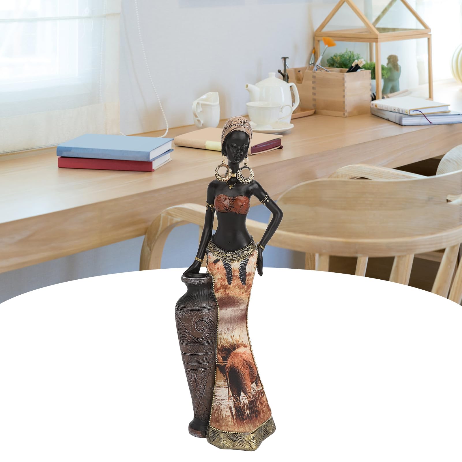 Tissting Afrikanische Deko Kunst Figur mit Hoher Vase, 32cm Harz Tribal Lady Statue Handgefertigt Afrika Weibliche Schlagzeuger Skulptur für Schreibtische Dekoration, Sammlung Geschenke(#2)
