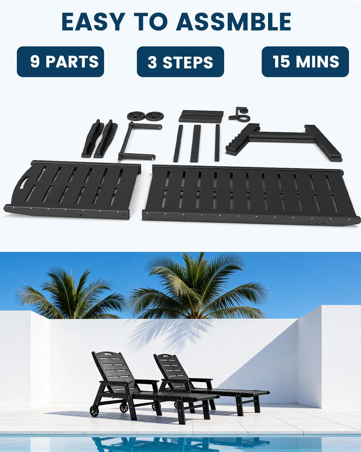FOOWIN Chaise Lounge Chair, HDPE Lounge Chair Outdoor with 5 Positions, Oversized Pool Lounge Chairs with Rolling Wheels & Cup Holder for Poolside Deck Backyard, Black