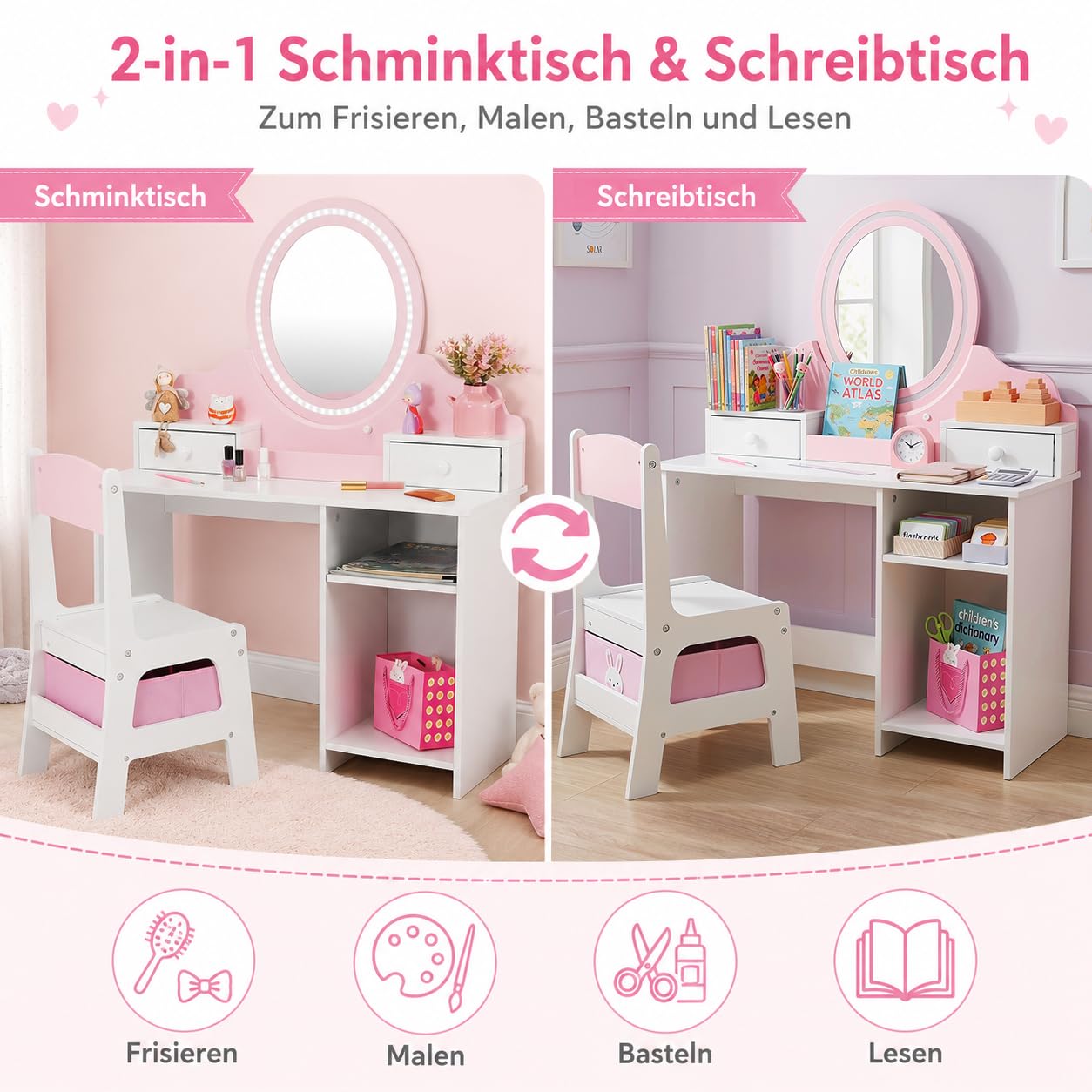 JOYLDIAS 2 in 1 Schminktisch Kinder mit Hocker und LED-Spiegel, Prinzessin Frisiertisch Schreibtisch mit Schublade, Regal und Körbchen, Kinder Schminktisch für mädchen ab 3 Jahre, Rosa