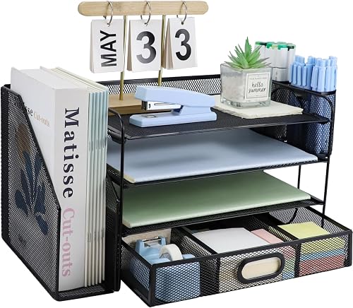 4 Tier Desk File Organiser with Extra Vertical File Sorter, A4 Paper Letter Tray with Stationery Drawer, Magazine Document Holder for Home Office, Black