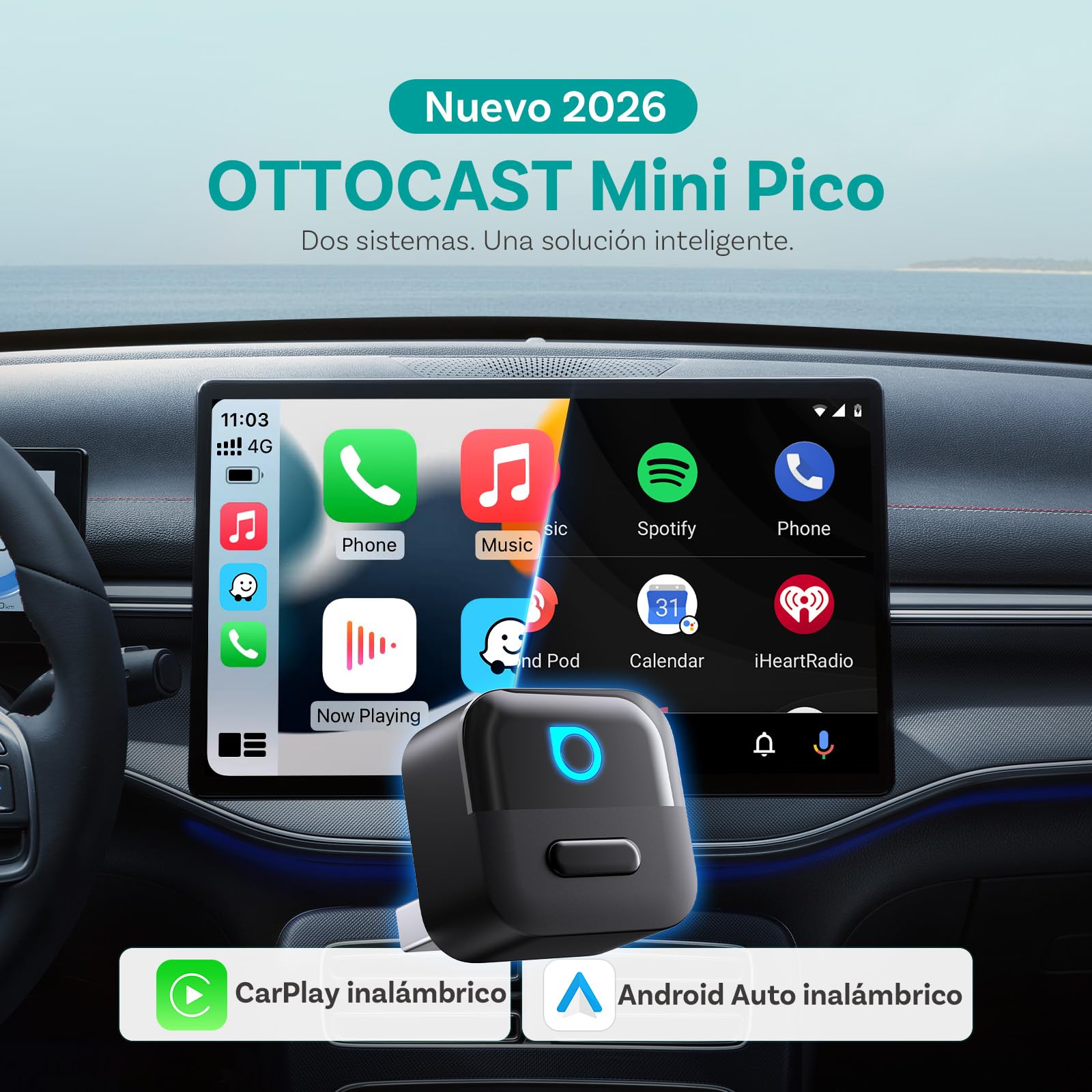 (2026 Nuevo) OTTOCAST 2 en 1 Adaptador Inalámbrico CarPlay y Android Auto, Ottocast Mini Pico con Desconexión con un Solo Toque, BT 5.4, Plug & Play para Coches con CarPlay/Android Auto de Fábrica