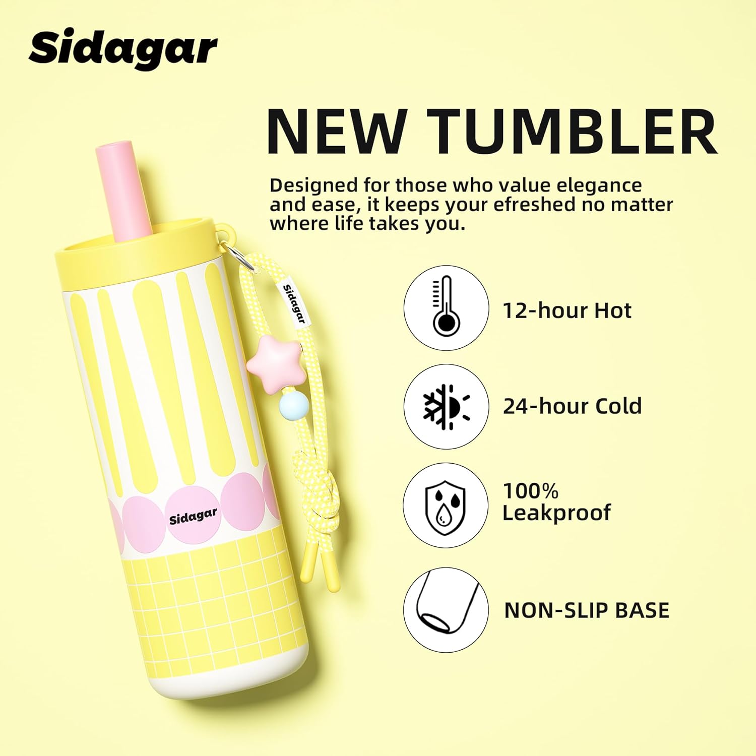 24 oz Insulated Tumbler, Stainless Steel Coffee Mug with Lid and Straw, Leak-proof Reusable BPA-Free Cup, Commute Yoga Office Travel, Star Charm - Vibrant Lemon Yellow - Image 2