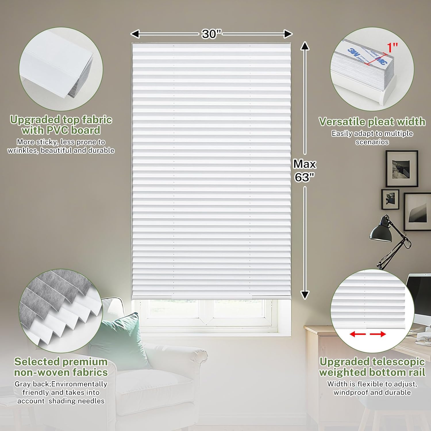 milin cordless pleated window shades no drill adjustable bottom, temporary fabric pleated blinds for indoor windows with tools cut size stick on blinds home office (blackout white, 30"w x 63"h),2 pack