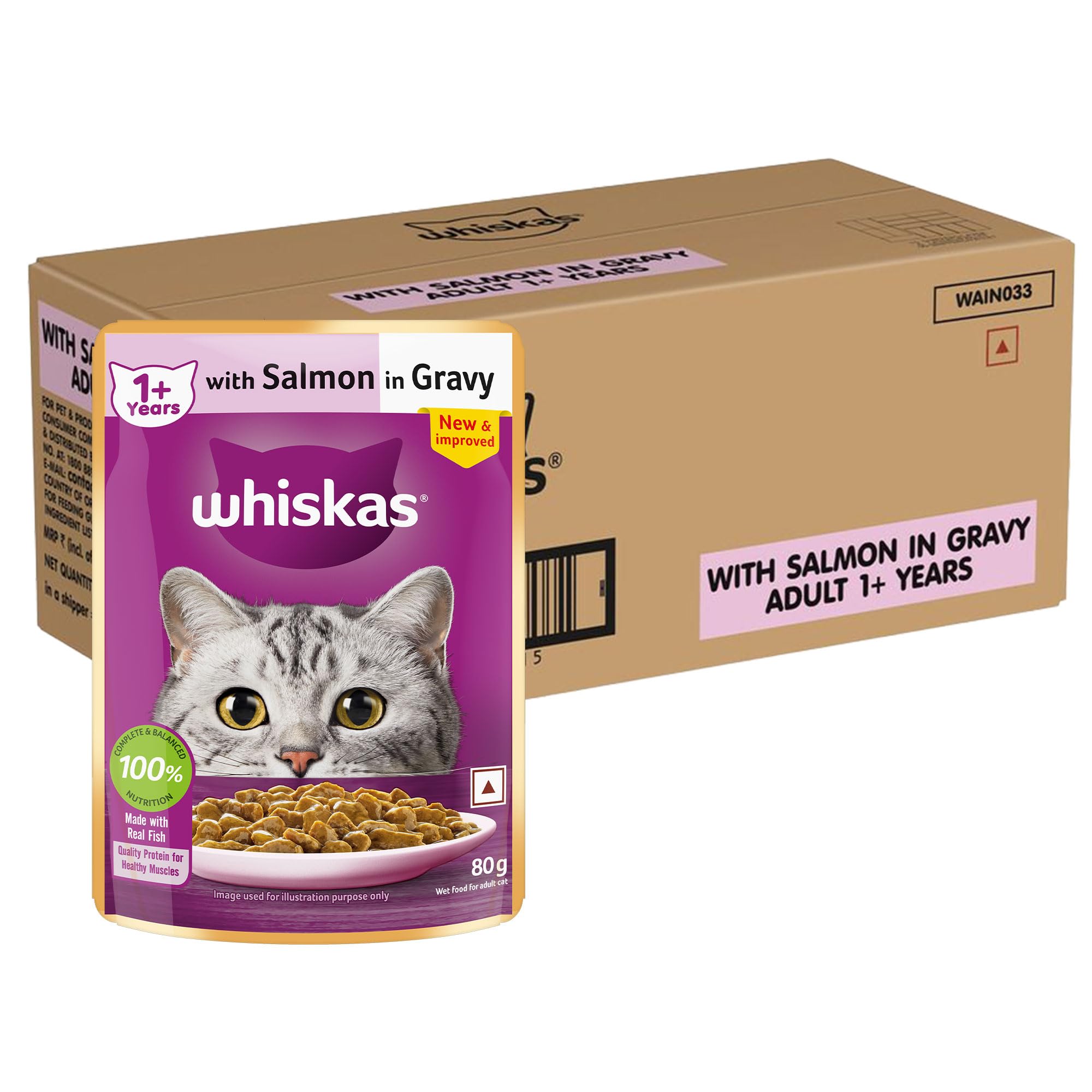 Whiskas Adult (1+ Years) Wet Cat Food, Salmon in Gravy, 80 g (Pack of 56), Hydrating Food Made With Real Fish, 100% Complete & Balanced Nutrition for Adult Cats
