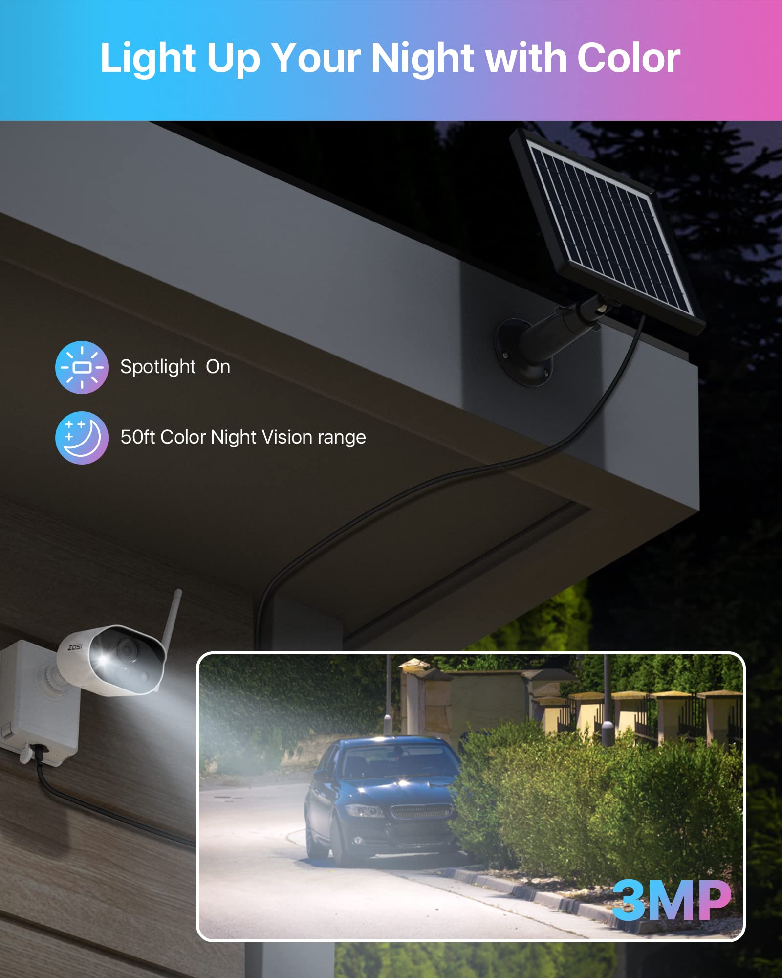 ZOSI C306PK 8CH 2K 3MP Kit de Cámara de Vigilancia WiFi de Batería Recargable y Panel Solar, 3pcs Cámaras IP con Visión Nocturna en Color, Audio, Alarma Sonora y Luminosa, 1TB HDD Incluido
